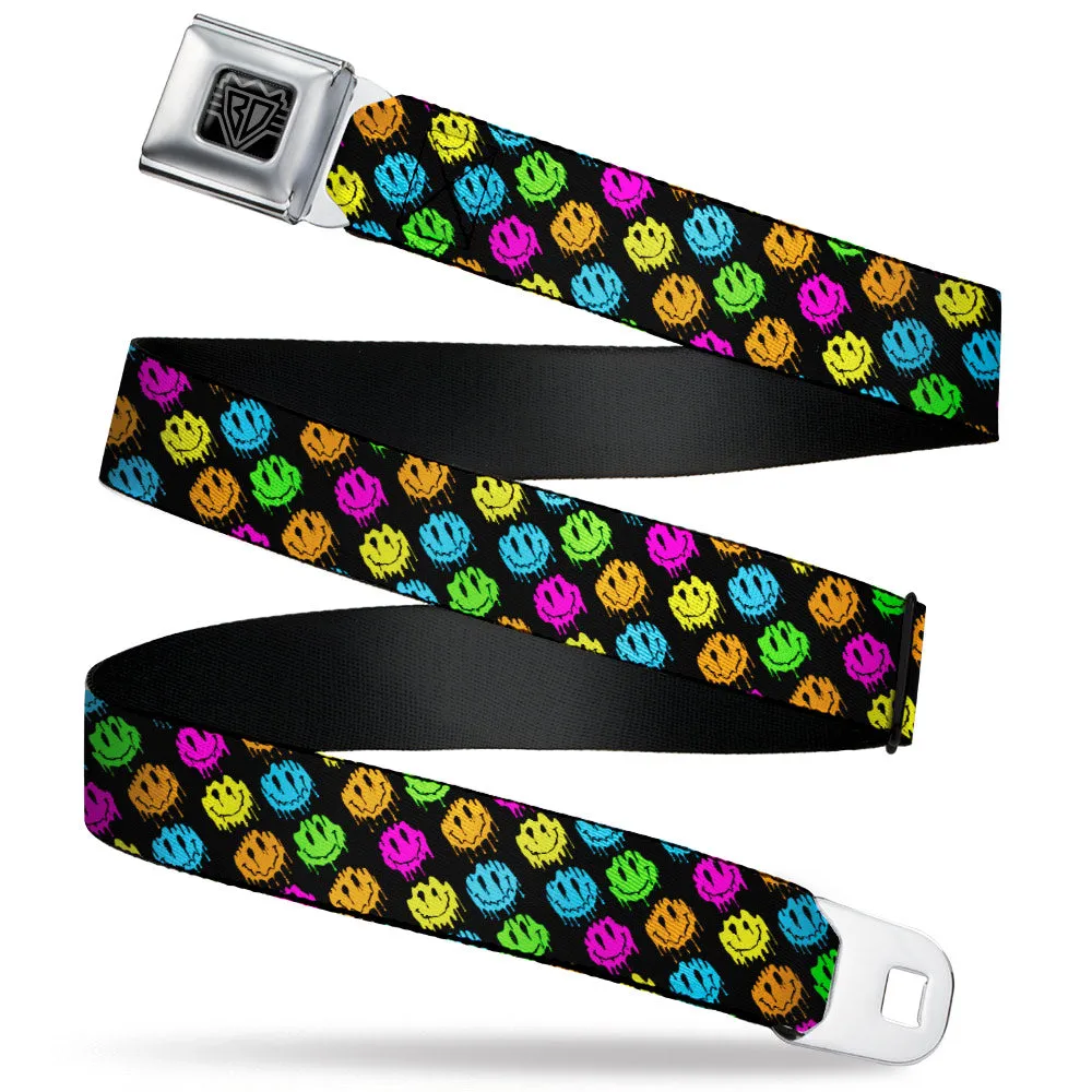 BD Wings Logo CLOSE-UP Black/Silver Seatbelt Belt - Smiley Faces Melted Mini Repeat Angle Black/Multi Neon Webbing