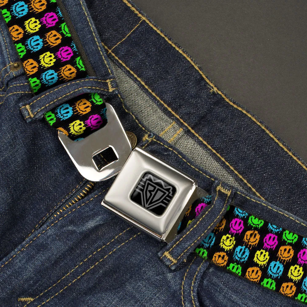 BD Wings Logo CLOSE-UP Black/Silver Seatbelt Belt - Smiley Faces Melted Mini Repeat Black/Multi Neon Webbing