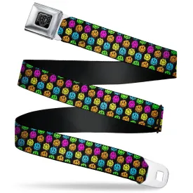 BD Wings Logo CLOSE-UP Black/Silver Seatbelt Belt - Smiley Faces Melted Mini Repeat Black/Multi Neon Webbing