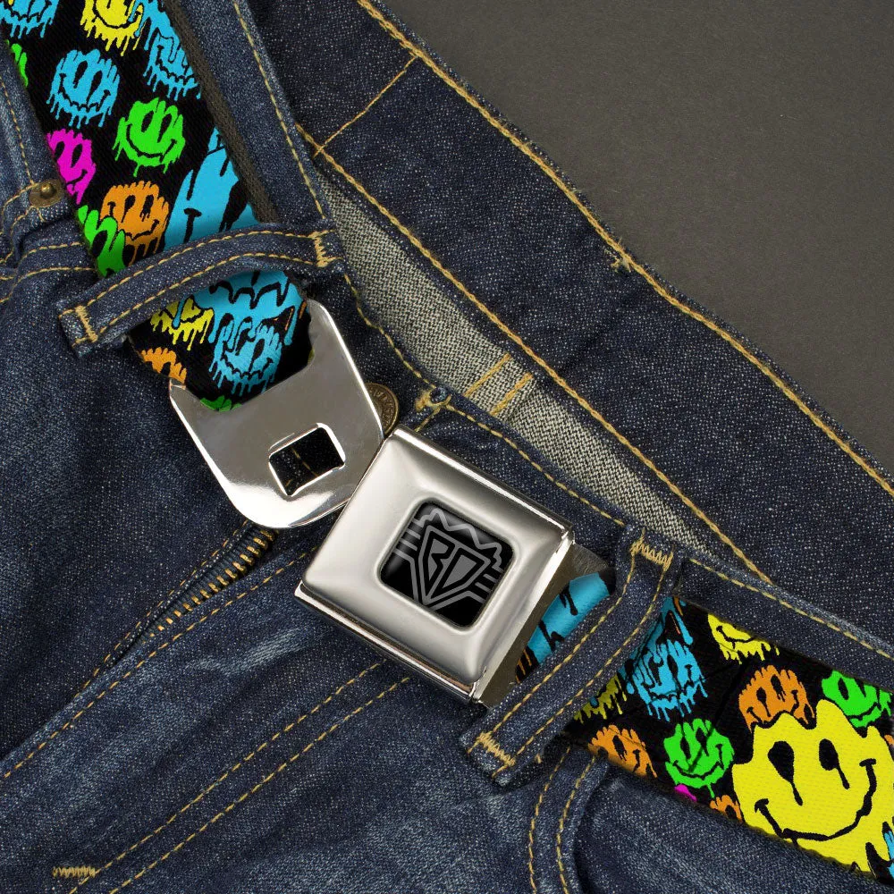 BD Wings Logo CLOSE-UP Black/Silver Seatbelt Belt - Smiley Faces Melted Stacked Black/Multi Neon Webbing