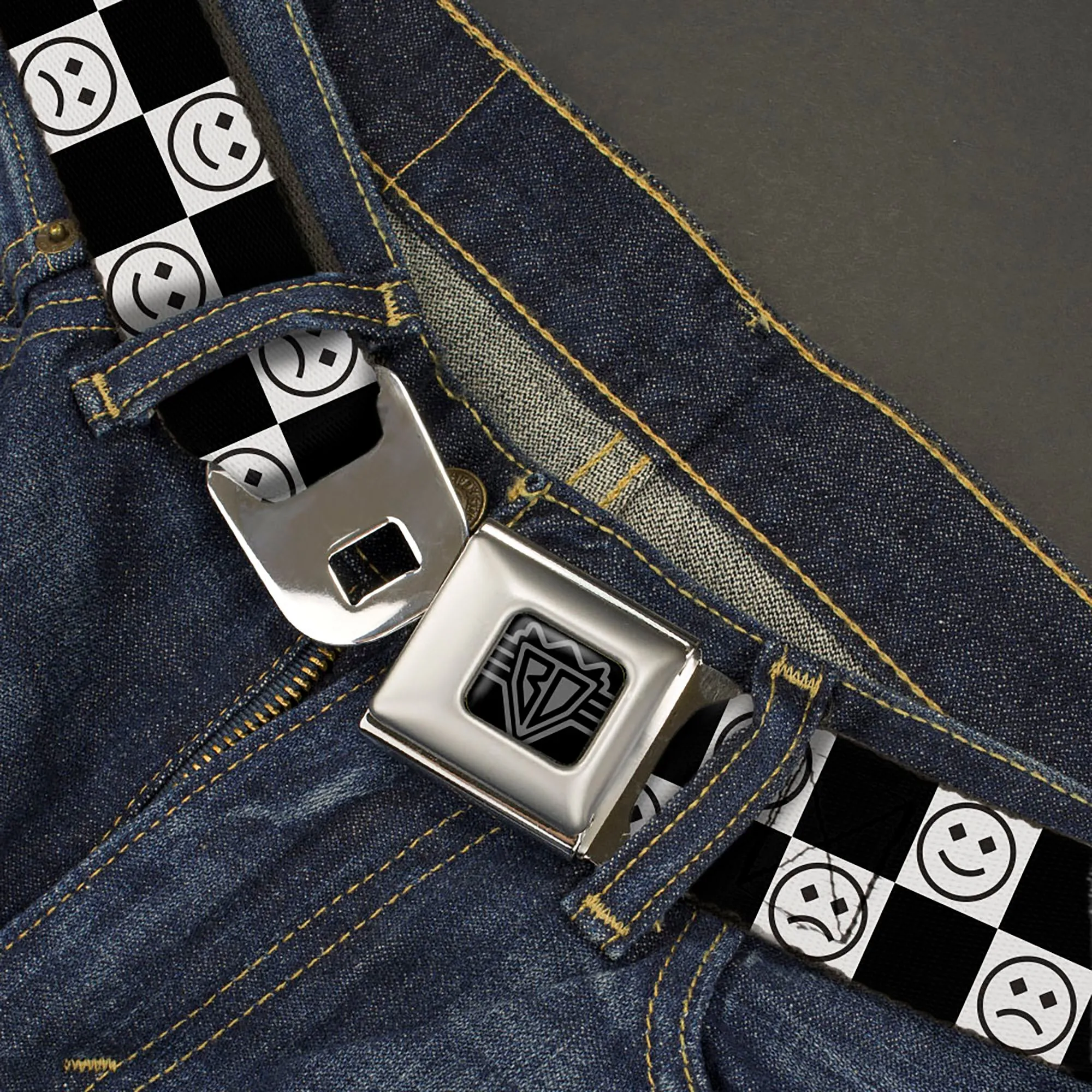 BD Wings Logo CLOSE-UP Black/Silver Seatbelt Belt - Smiley Sad Face Checker Black/White Webbing