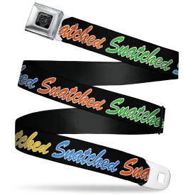 BD Wings Logo CLOSE-UP Black/Silver Seatbelt Belt - SNATCHED Script Black/Multi Color Webbing