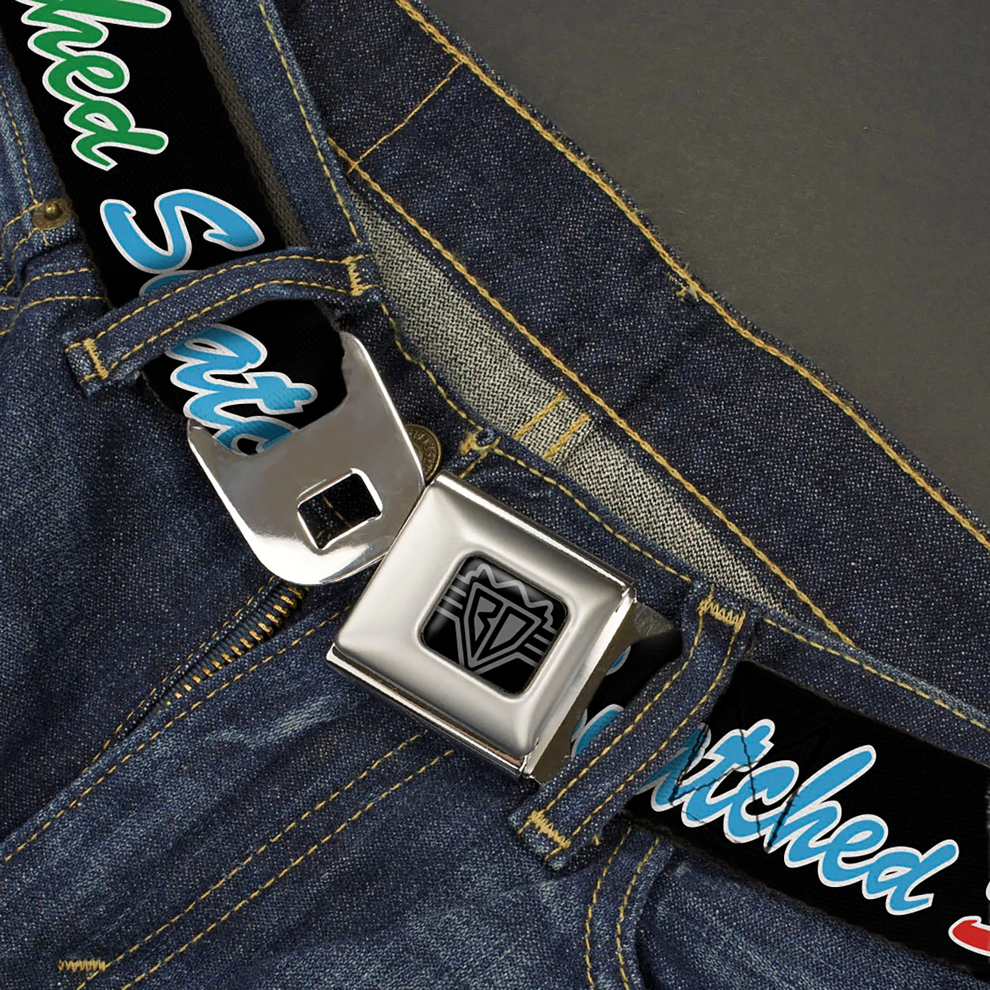 BD Wings Logo CLOSE-UP Black/Silver Seatbelt Belt - SNATCHED Script Black/Multi Color Webbing