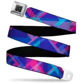 BD Wings Logo CLOSE-UP Black/Silver Seatbelt Belt - Squares Stacked Blues/Pinks/Purples Webbing