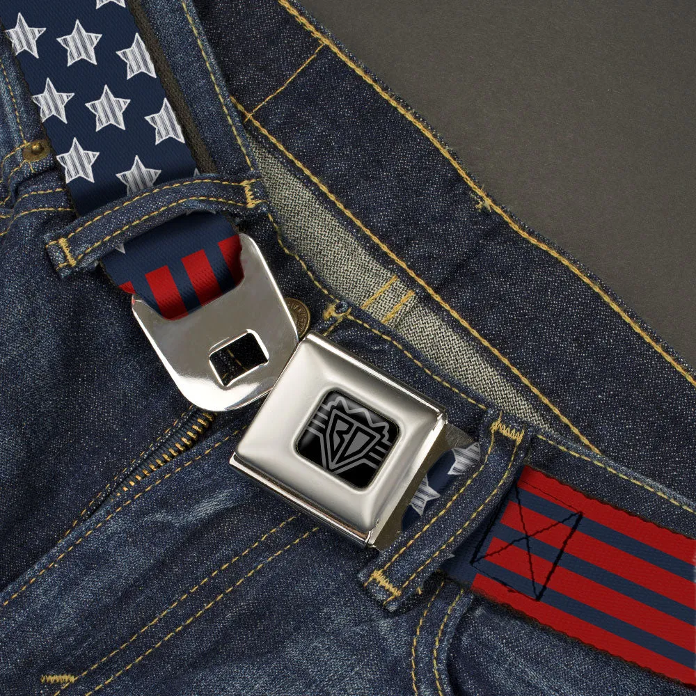 BD Wings Logo CLOSE-UP Black/Silver Seatbelt Belt - Stars & Stripes2 Blue/White/Red Webbing