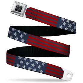 BD Wings Logo CLOSE-UP Black/Silver Seatbelt Belt - Stars & Stripes2 Blue/White/Red Webbing