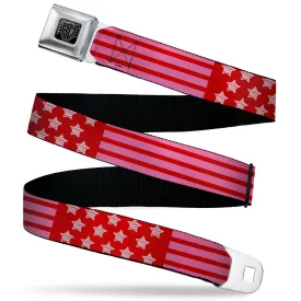 BD Wings Logo CLOSE-UP Black/Silver Seatbelt Belt - Stars & Stripes2 Red/White/Pink Webbing