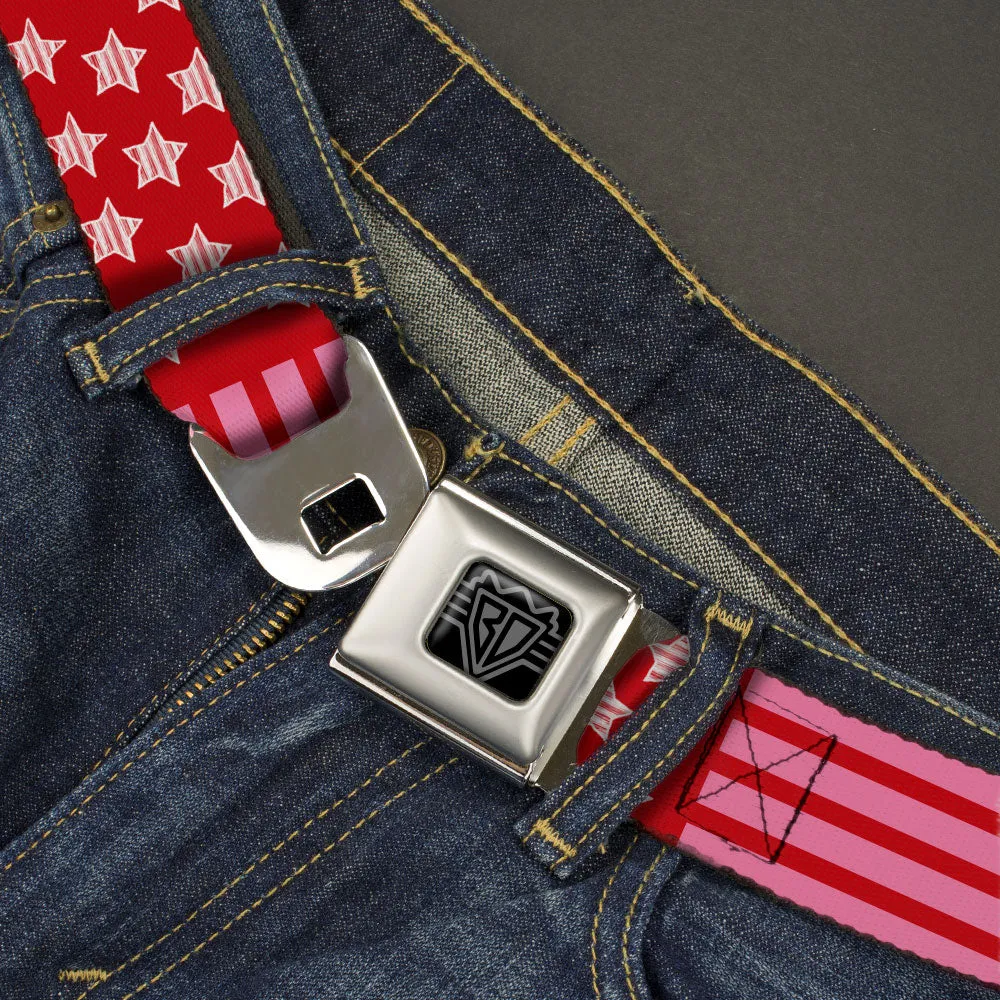 BD Wings Logo CLOSE-UP Black/Silver Seatbelt Belt - Stars & Stripes2 Red/White/Pink Webbing