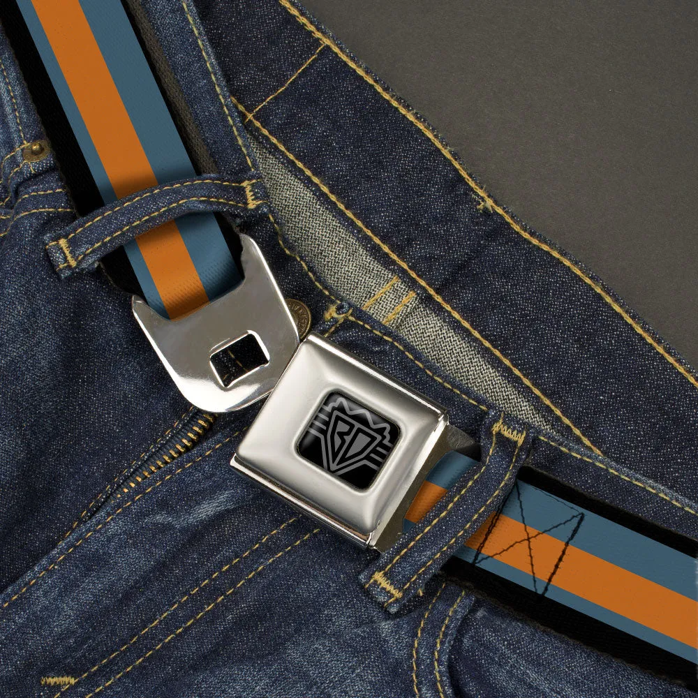 BD Wings Logo CLOSE-UP Black/Silver Seatbelt Belt - Stripes Black/Steel Blue/Orange Webbing