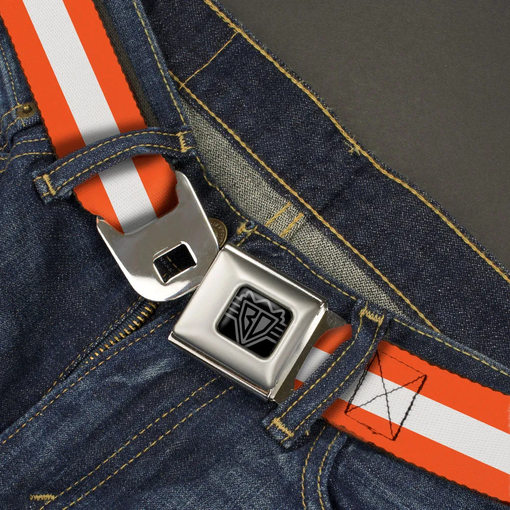 BD Wings Logo CLOSE-UP Black/Silver Seatbelt Belt - Stripes Orange/White/Orange Webbing