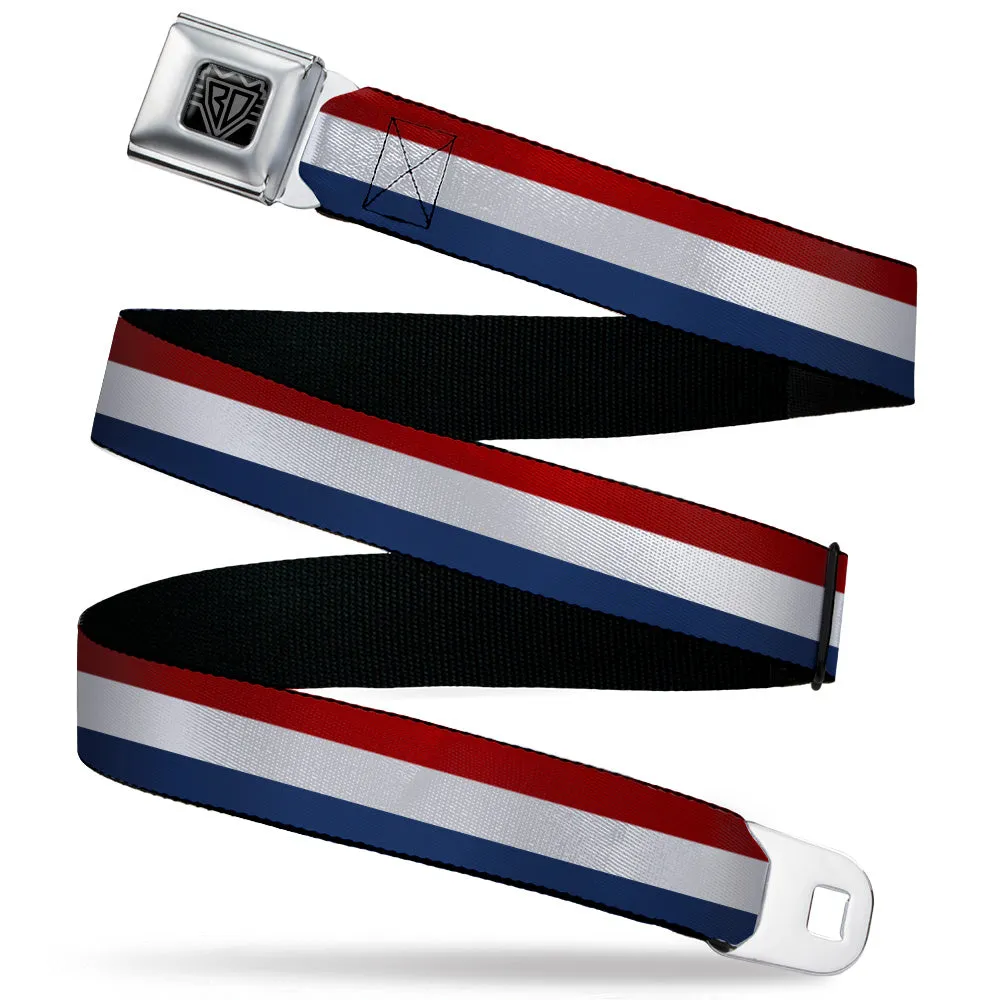 BD Wings Logo CLOSE-UP Black/Silver Seatbelt Belt - Stripes Red/White/Blue Webbing