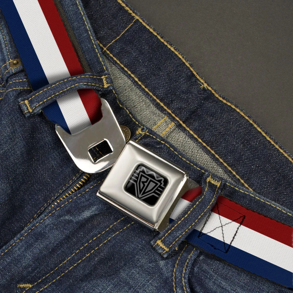 BD Wings Logo CLOSE-UP Black/Silver Seatbelt Belt - Stripes Red/White/Blue Webbing