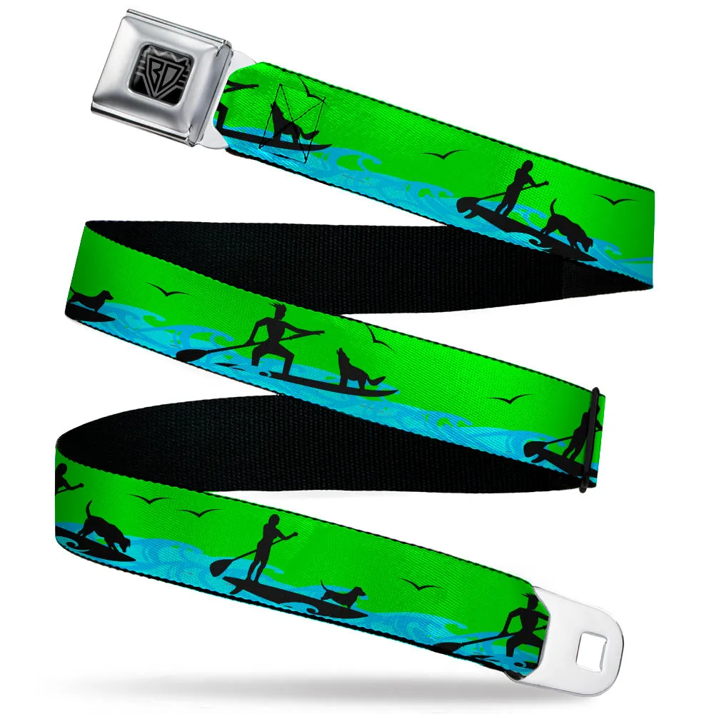 BD Wings Logo CLOSE-UP Black/Silver Seatbelt Belt - SUP w/Dog Neon Green/Blues/Black Webbing