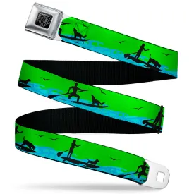 BD Wings Logo CLOSE-UP Black/Silver Seatbelt Belt - SUP w/Dog Neon Green/Blues/Black Webbing