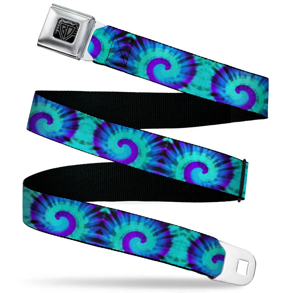 BD Wings Logo CLOSE-UP Black/Silver Seatbelt Belt - Tie Dye Swirl Purples/Blues Webbing