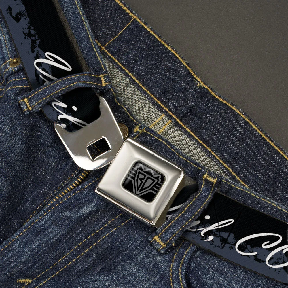 BD Wings Logo CLOSE-UP Black/Silver Seatbelt Belt - VAIL, CO Script/Mountains Black/Gray/White Webbing