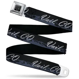 BD Wings Logo CLOSE-UP Black/Silver Seatbelt Belt - VAIL, CO Script/Mountains Black/Gray/White Webbing