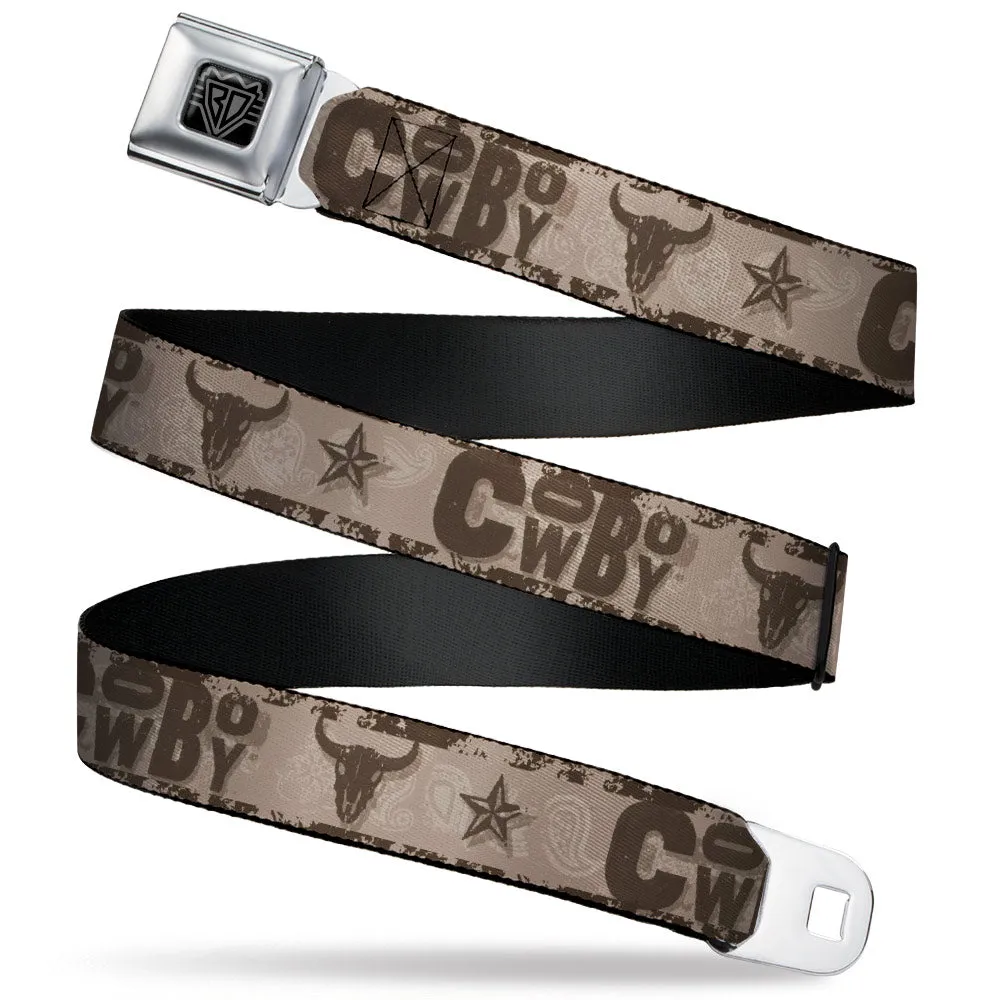 BD Wings Logo CLOSE-UP Black/Silver Seatbelt Belt - Western COWBOY Icons Collage Tan/Browns Webbing