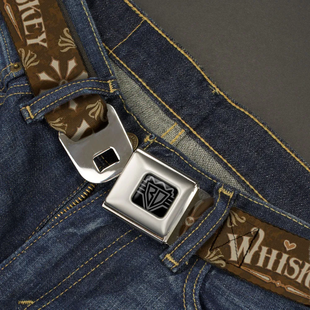 BD Wings Logo CLOSE-UP Black/Silver Seatbelt Belt - Western WHISKEY Heart Repeat Browns/Tan Webbing