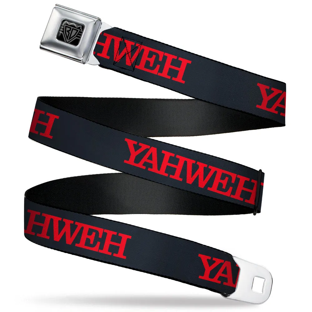 BD Wings Logo CLOSE-UP Black/Silver Seatbelt Belt - YAHWEH Text Navy Blue/Red Webbing