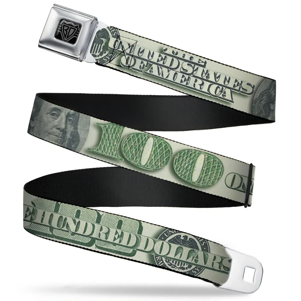 BD Wings Logo CLOSE-UP Full Color Black Silver Seatbelt Belt - 100 Dollar Bill CLOSE-UP/Triple Benjamin Webbing