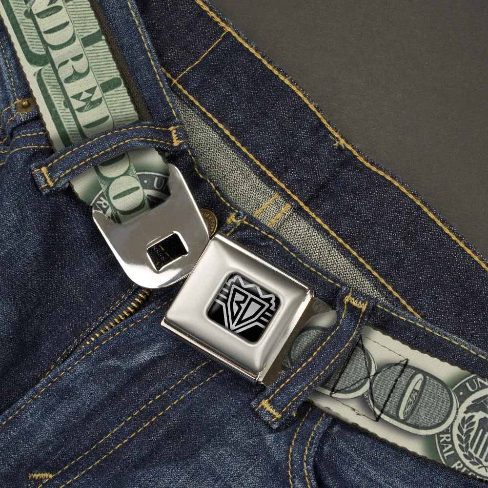 BD Wings Logo CLOSE-UP Full Color Black Silver Seatbelt Belt - 100 Dollar Bill CLOSE-UP/Triple Benjamin Webbing