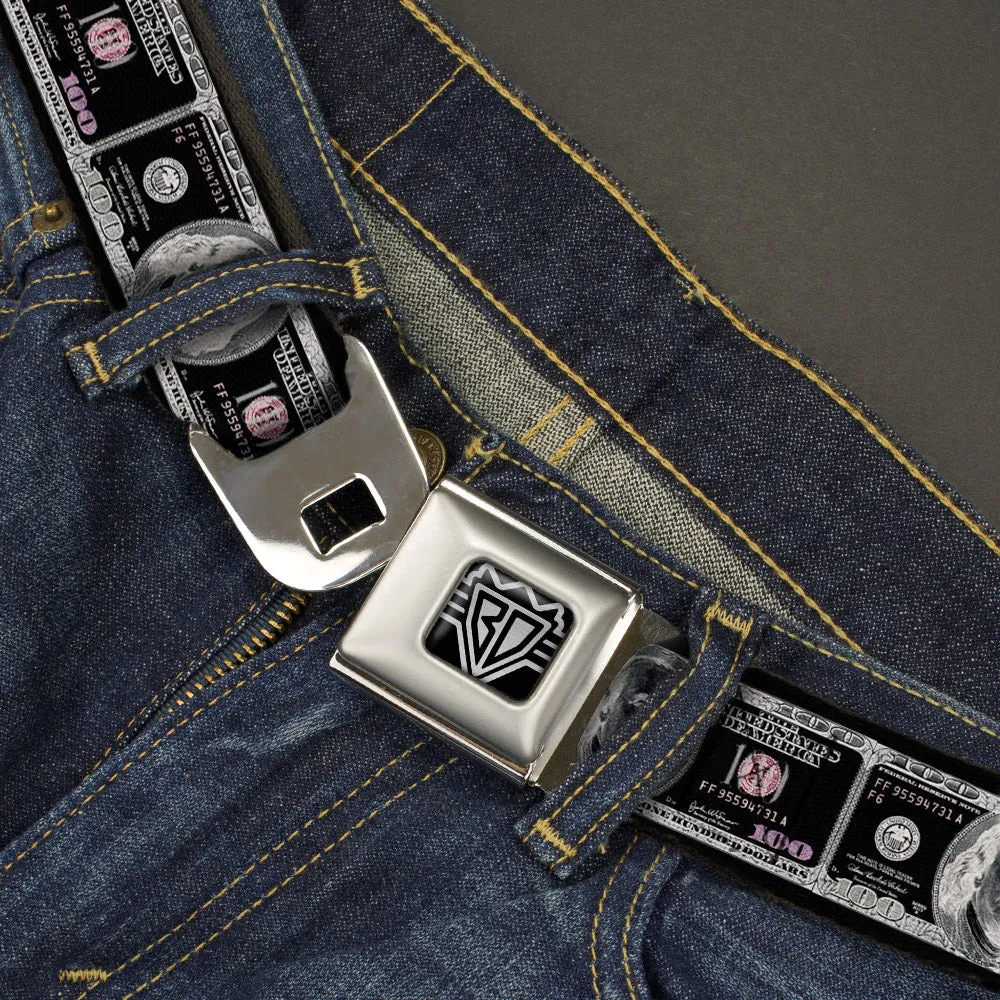 BD Wings Logo CLOSE-UP Full Color Black Silver Seatbelt Belt - 100 Dollar Bill X-Ray Black/White Webbing