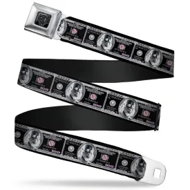 BD Wings Logo CLOSE-UP Full Color Black Silver Seatbelt Belt - 100 Dollar Bill X-Ray Black/White Webbing