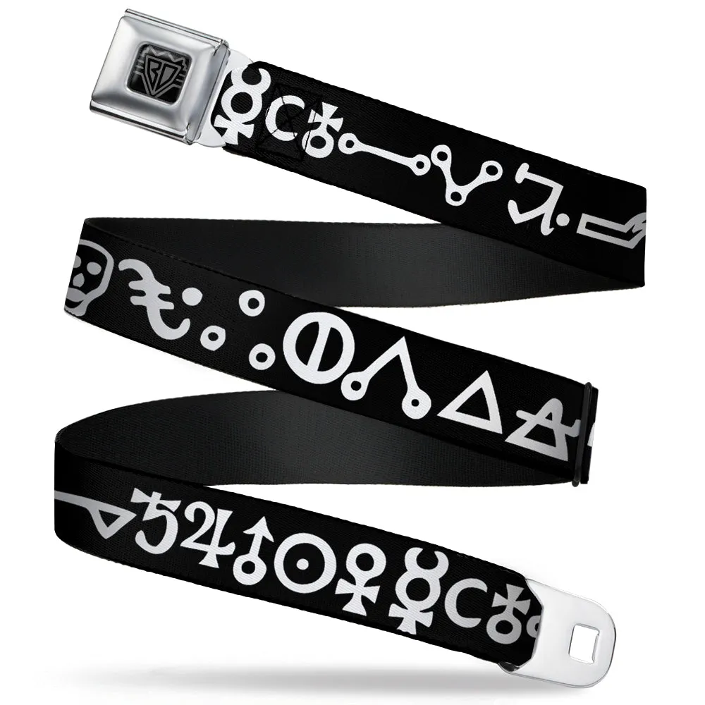 BD Wings Logo CLOSE-UP Full Color Black Silver Seatbelt Belt - Alchemy Symbols Black/White Webbing