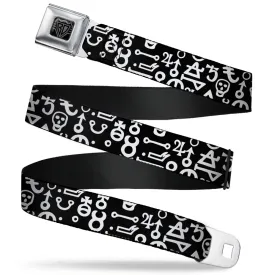 BD Wings Logo CLOSE-UP Full Color Black Silver Seatbelt Belt - Alchemy Symbols Scattered Black/White Webbing