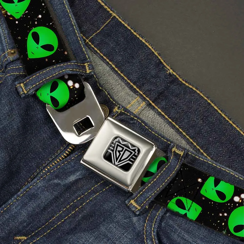 BD Wings Logo CLOSE-UP Full Color Black Silver Seatbelt Belt - Aliens Head Scattered Galaxy2/Green/Black Webbing