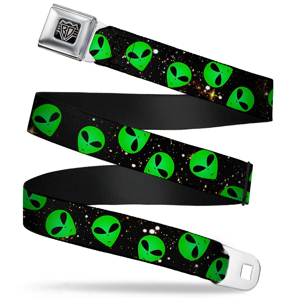 BD Wings Logo CLOSE-UP Full Color Black Silver Seatbelt Belt - Aliens Head Scattered Galaxy2/Green/Black Webbing