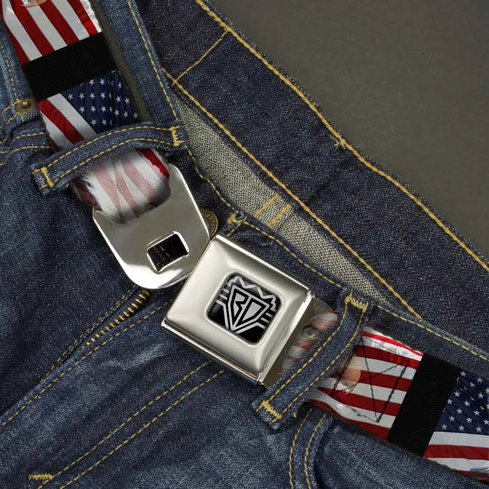 BD Wings Logo CLOSE-UP Full Color Black Silver Seatbelt Belt - American Eagle Flags Webbing