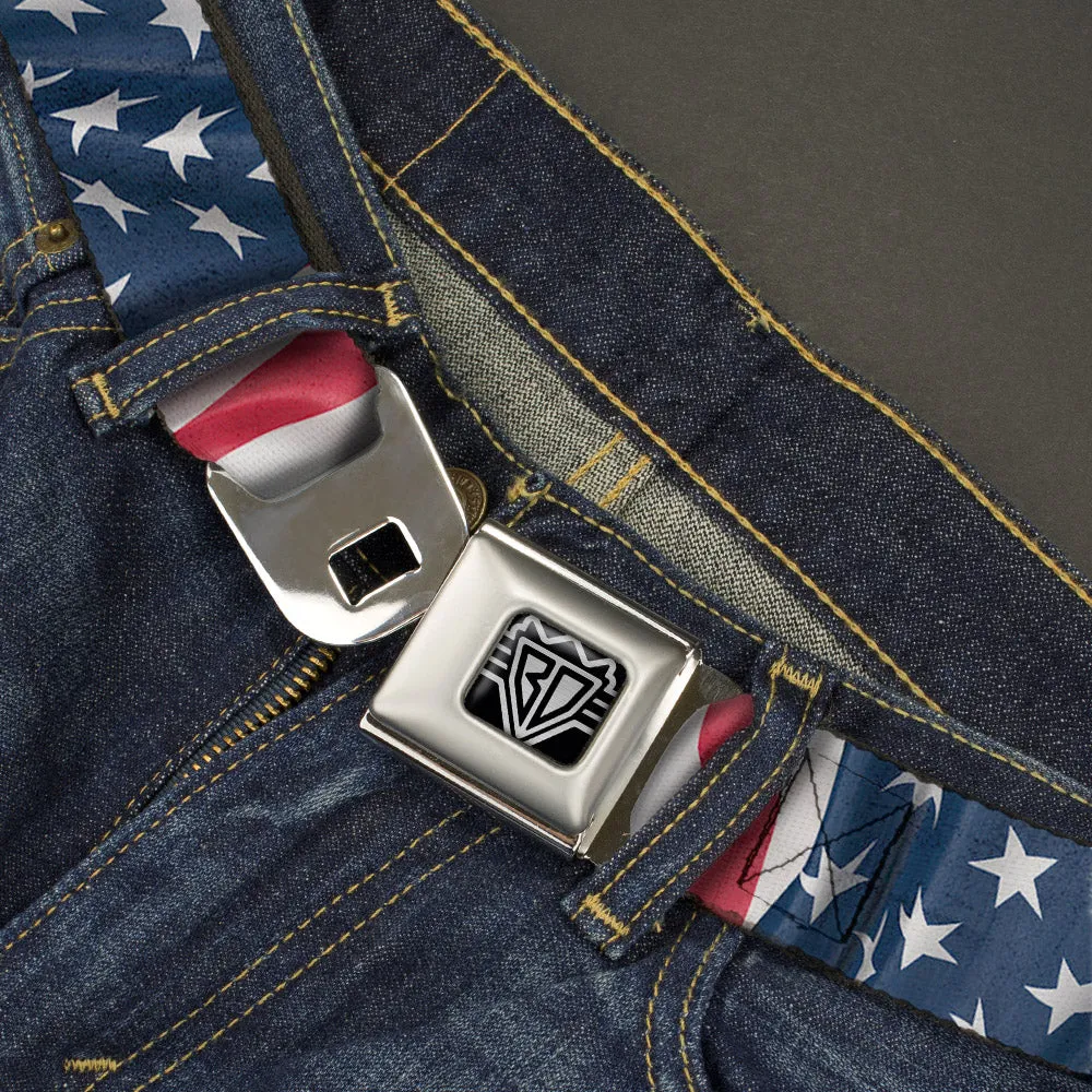 BD Wings Logo CLOSE-UP Full Color Black Silver Seatbelt Belt - American Flag Vertical CLOSE-UP Webbing