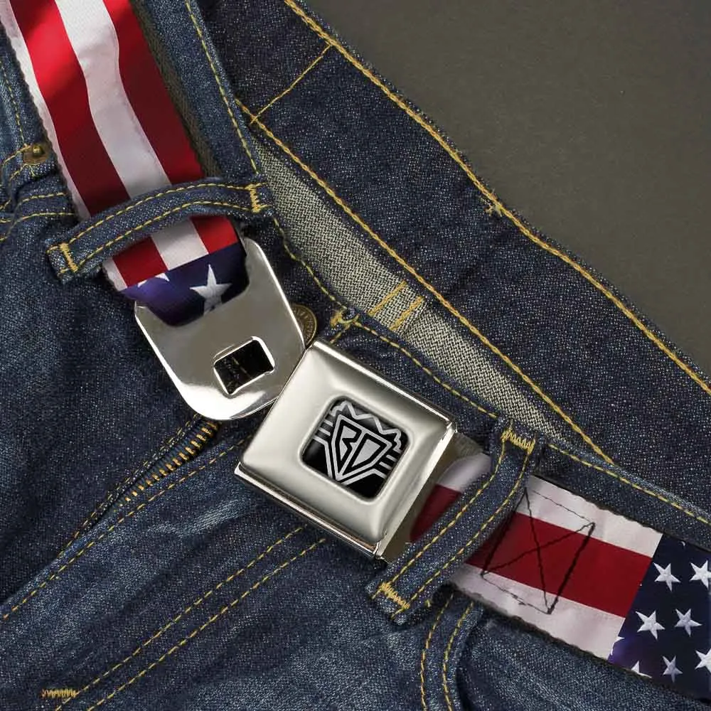 BD Wings Logo CLOSE-UP Full Color Black Silver Seatbelt Belt - American Flag Vivid CLOSE-UP Webbing