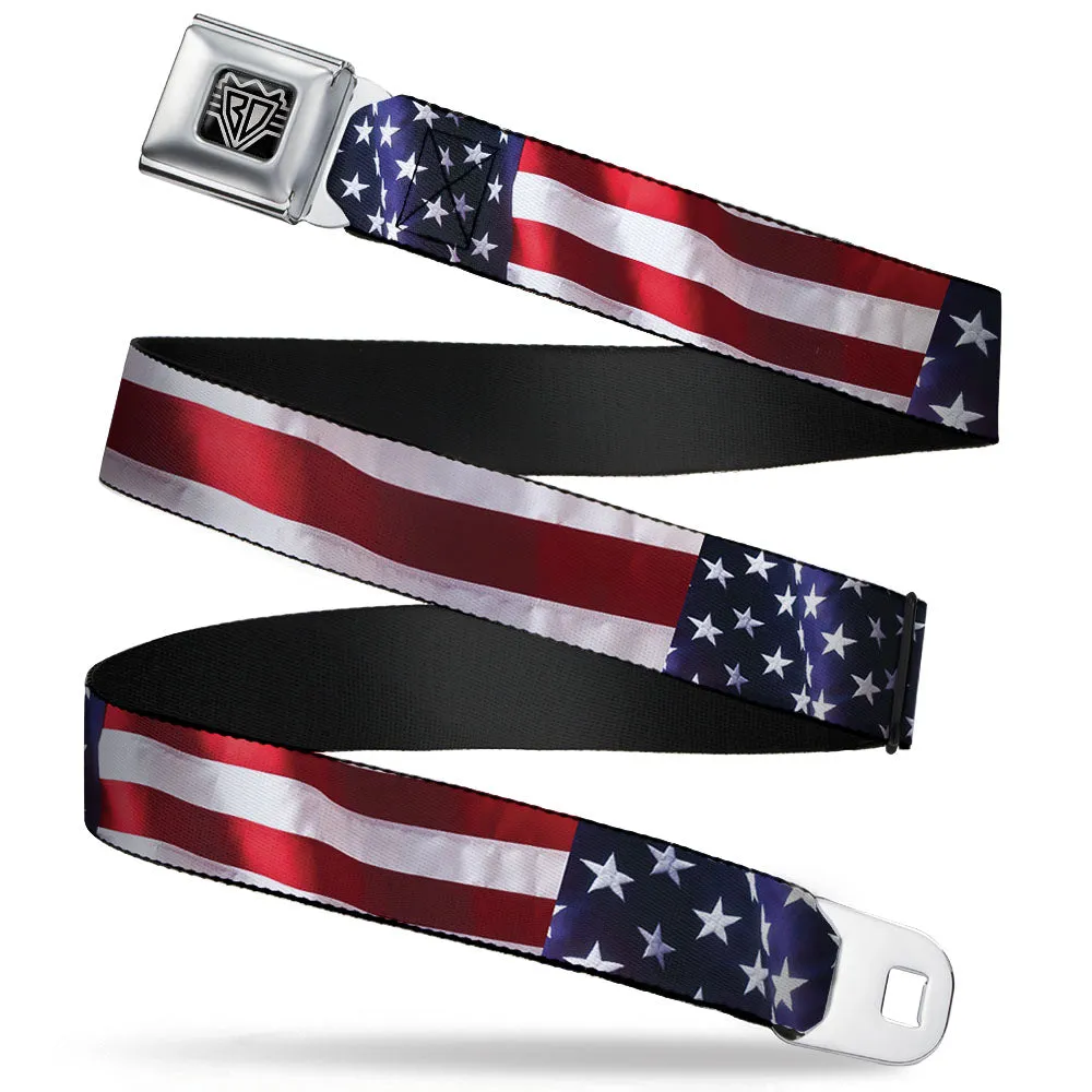 BD Wings Logo CLOSE-UP Full Color Black Silver Seatbelt Belt - American Flag Vivid CLOSE-UP Webbing