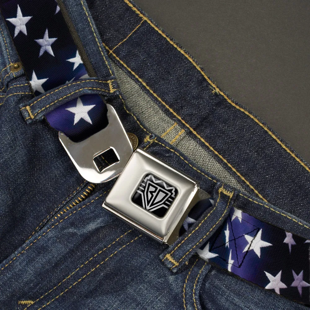 BD Wings Logo CLOSE-UP Full Color Black Silver Seatbelt Belt - American Flag Vivid Stars Blue/White Webbing