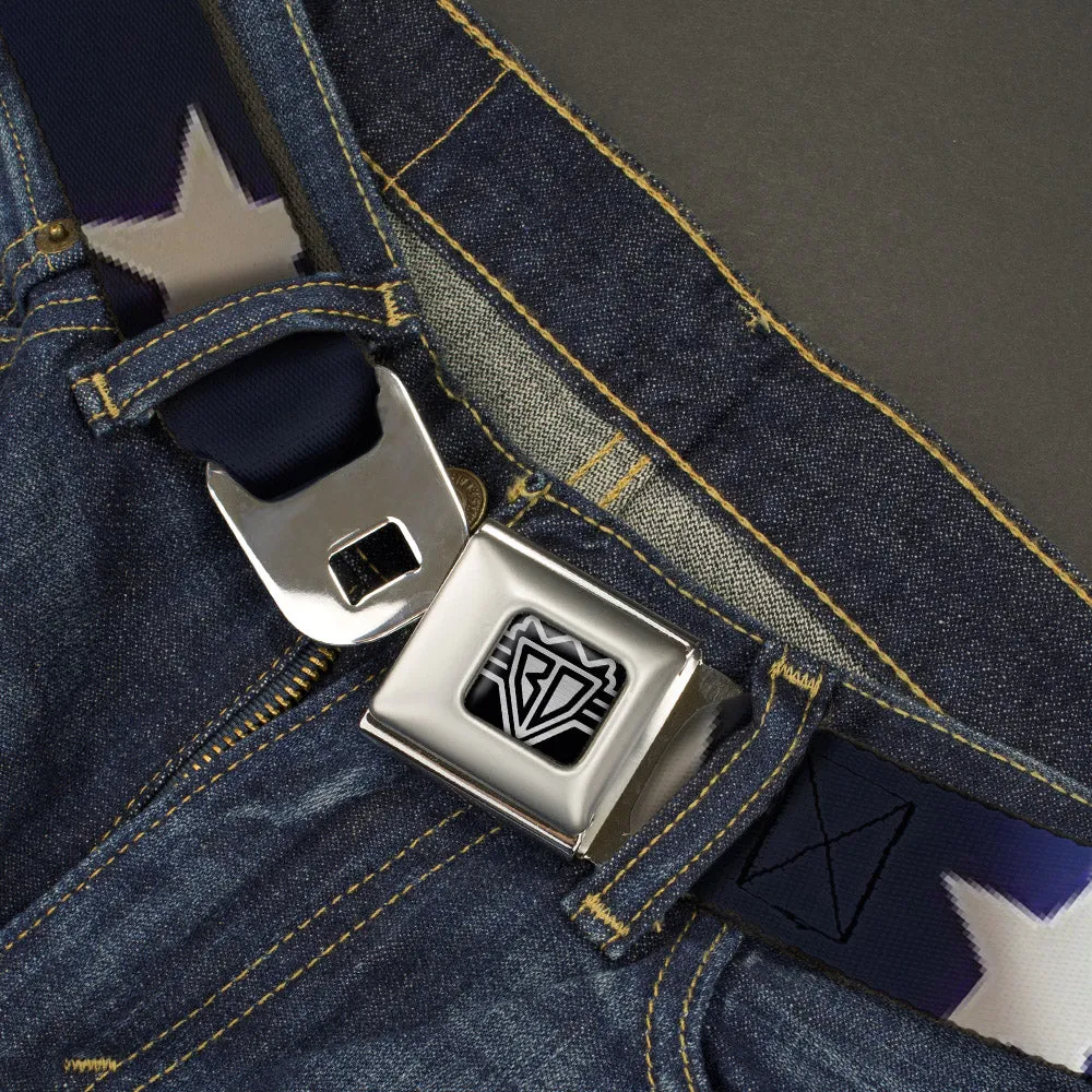 BD Wings Logo CLOSE-UP Full Color Black Silver Seatbelt Belt - American Flag Vivid Stars CLOSE-UP Blue/White Webbing