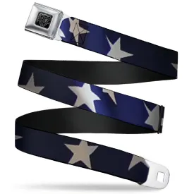 BD Wings Logo CLOSE-UP Full Color Black Silver Seatbelt Belt - American Flag Vivid Stars CLOSE-UP Blue/White Webbing