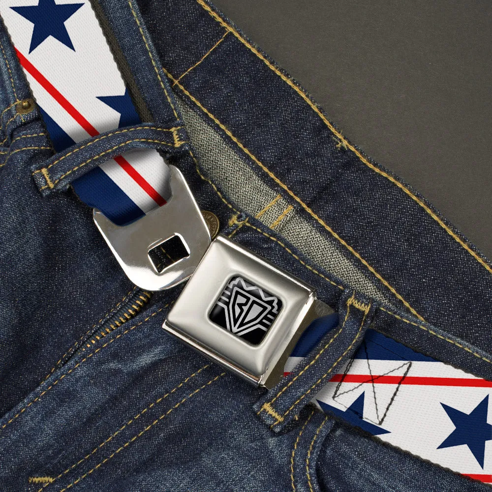 BD Wings Logo CLOSE-UP Full Color Black Silver Seatbelt Belt - Americana Diagonal Stars & Stripes White/Red/Blue Webbing