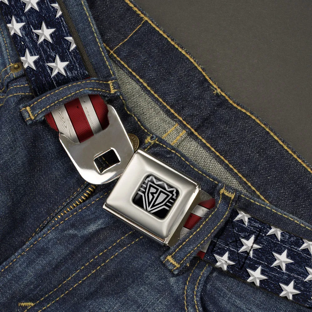 BD Wings Logo CLOSE-UP Full Color Black Silver Seatbelt Belt - Americana Rustic Stars & Stripes Webbing