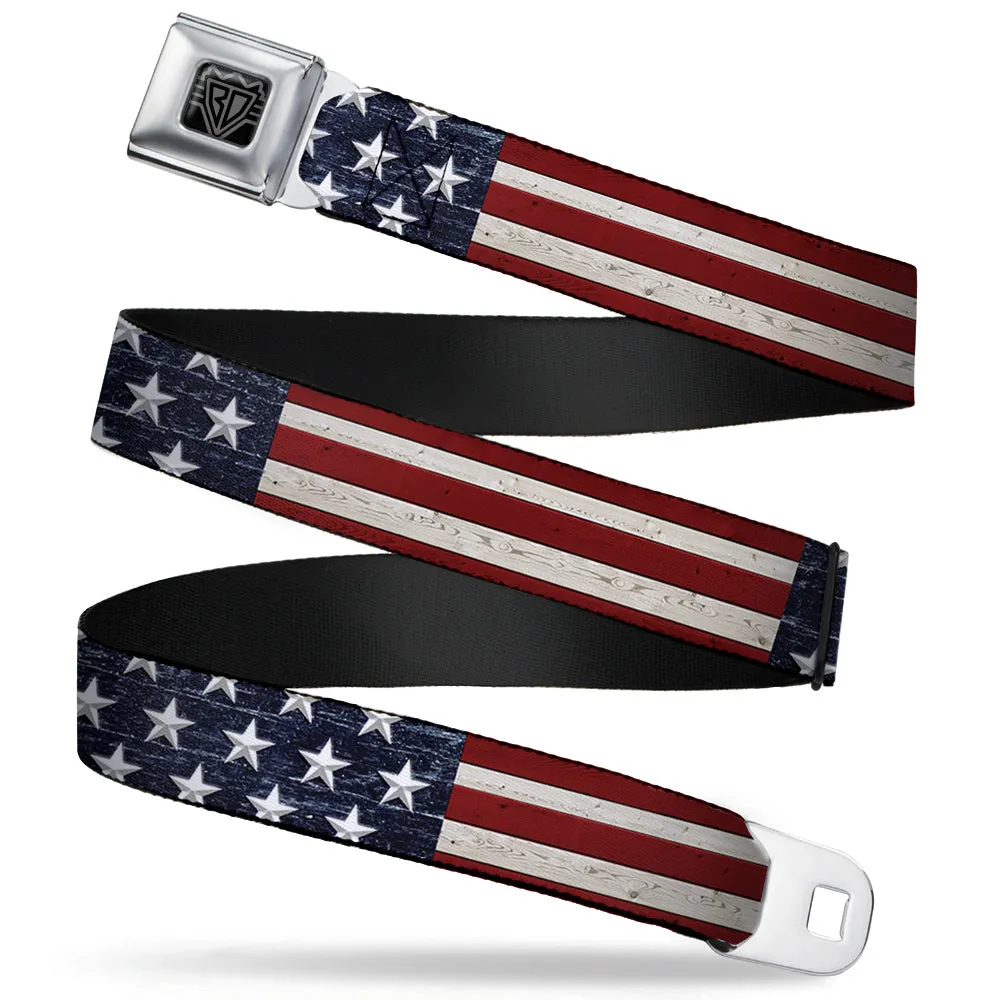 BD Wings Logo CLOSE-UP Full Color Black Silver Seatbelt Belt - Americana Rustic Stars & Stripes Webbing