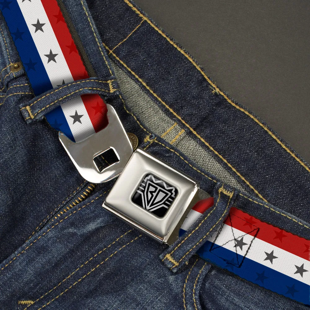 BD Wings Logo CLOSE-UP Full Color Black Silver Seatbelt Belt - Americana Star Stripes Red/White/Blue Webbing