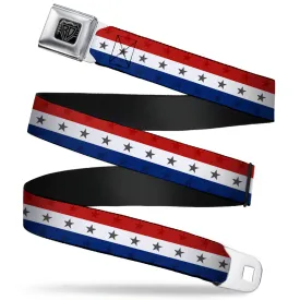 BD Wings Logo CLOSE-UP Full Color Black Silver Seatbelt Belt - Americana Star Stripes Red/White/Blue Webbing