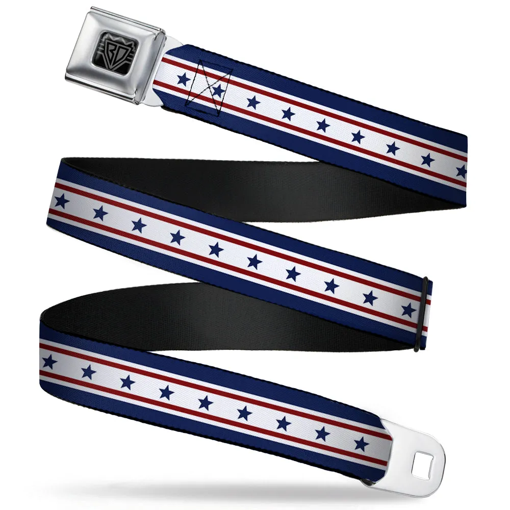 BD Wings Logo CLOSE-UP Full Color Black Silver Seatbelt Belt - Americana Stars & Stripes 6 Blue/White/Red Webbing