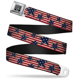 BD Wings Logo CLOSE-UP Full Color Black Silver Seatbelt Belt - Americana Stars & Stripes Red/White/Blue/White Webbing