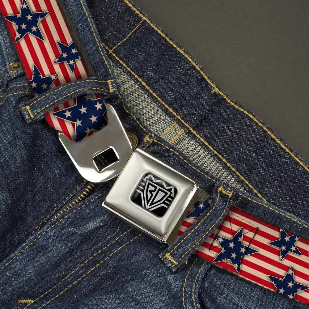 BD Wings Logo CLOSE-UP Full Color Black Silver Seatbelt Belt - Americana Stars & Stripes Red/White/Blue/White Webbing