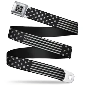 BD Wings Logo CLOSE-UP Full Color Black Silver Seatbelt Belt - Americana Stars & Stripes2 Weathered Black/Gray Webbing