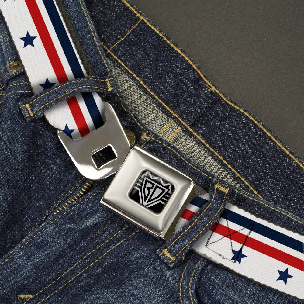 BD Wings Logo CLOSE-UP Full Color Black Silver Seatbelt Belt - Americana Stars & Stripes5 White/Blue/Red Webbing