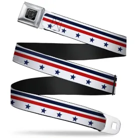 BD Wings Logo CLOSE-UP Full Color Black Silver Seatbelt Belt - Americana Stars & Stripes5 White/Blue/Red Webbing